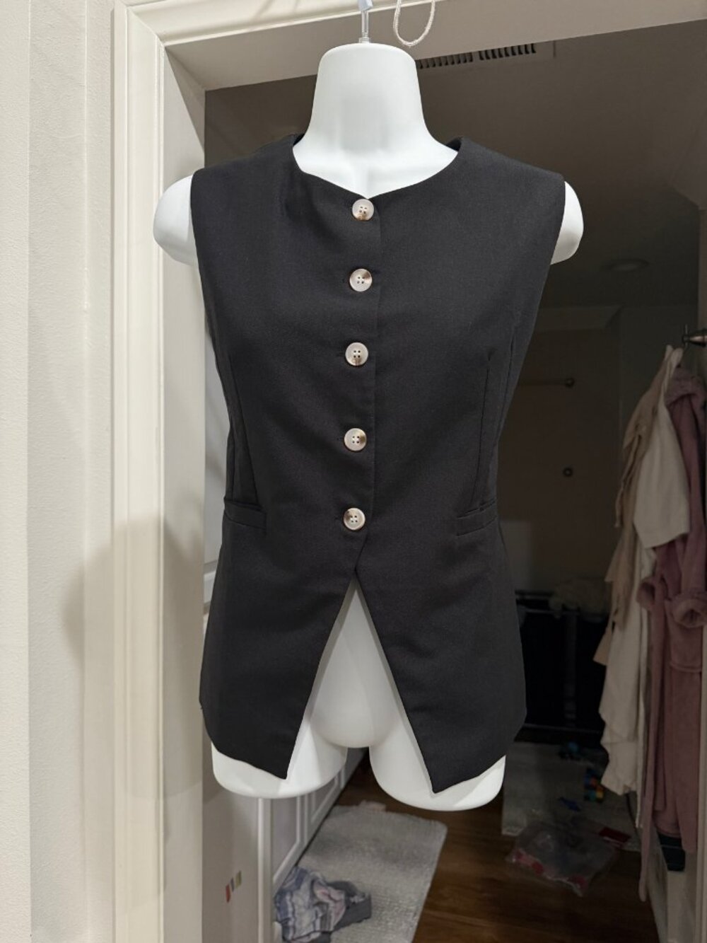 Black Tailored Longline Vest Waistcoat Small Pearl Buttons